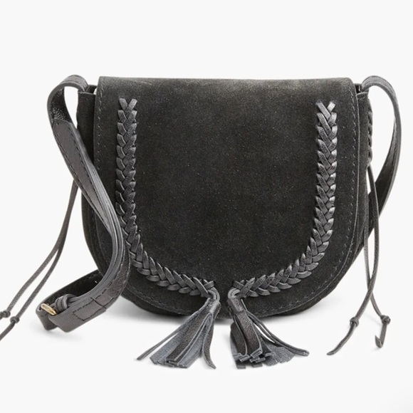 Lucky Brand Mini Saddle Bag Crossbody Black Suede Tassel Adjustable Leather Boho - Picture 1 of 14